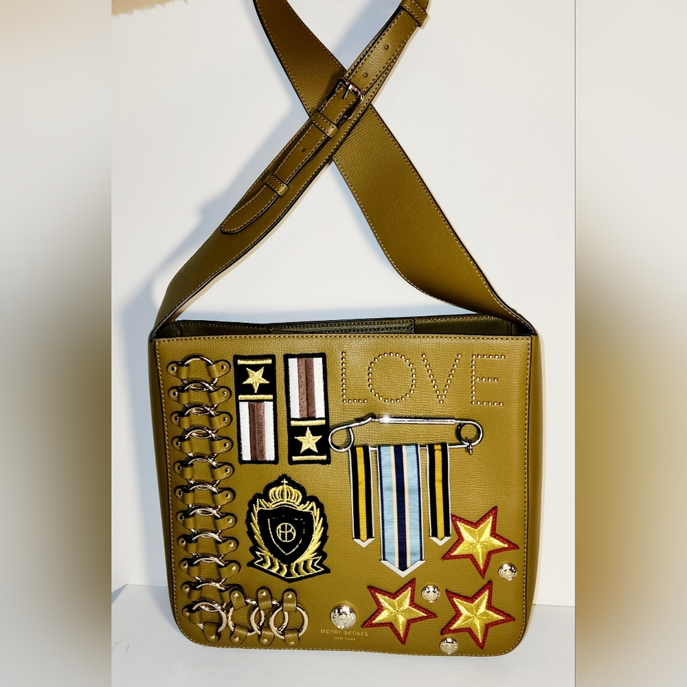 Henri bendel Green tan military shoulder bag crossbody with a bendel wallet